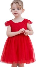 Abito Bambina Rosso Pizzo Floreale Tulle Tutu Cotone Scollo V Cerimonia 120 cm