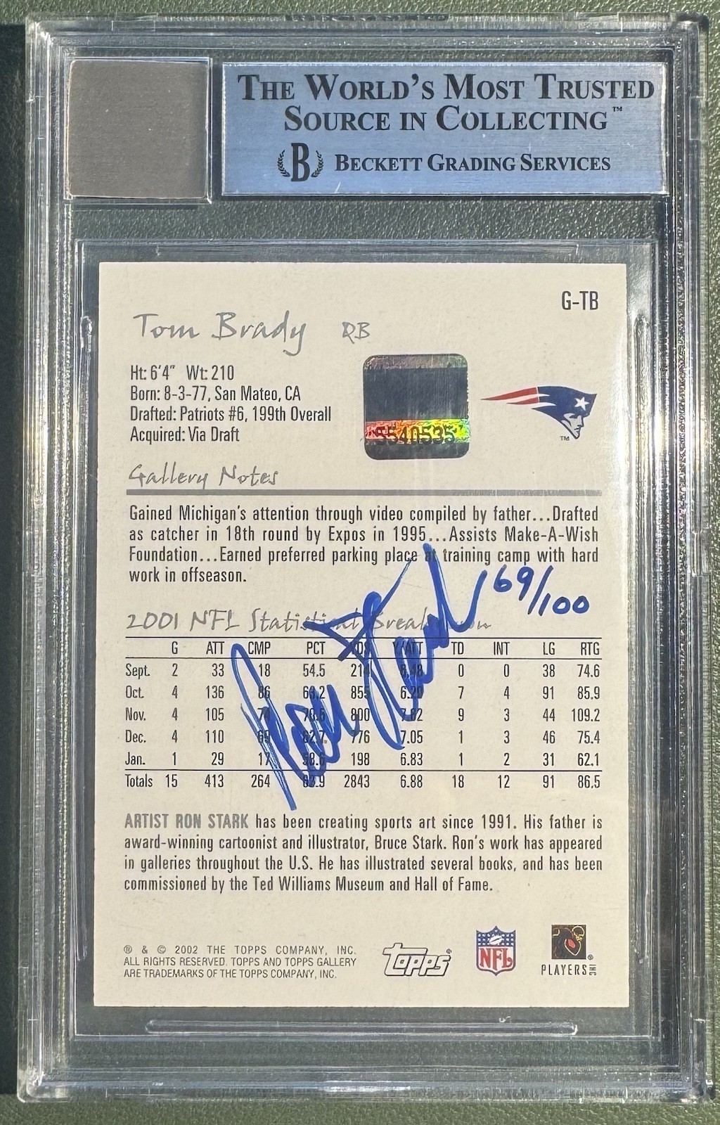 2002 Topps Gallery Artist Proofs TOM BRADY Auto #GTB #69/100 BGS 9/ 10 HOF view 2