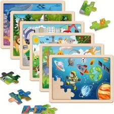 Wooden Puzzles for Kids Ages 3-5, 6 Packs 24 PCs Jigsaw Puzzles Preschool Edu...