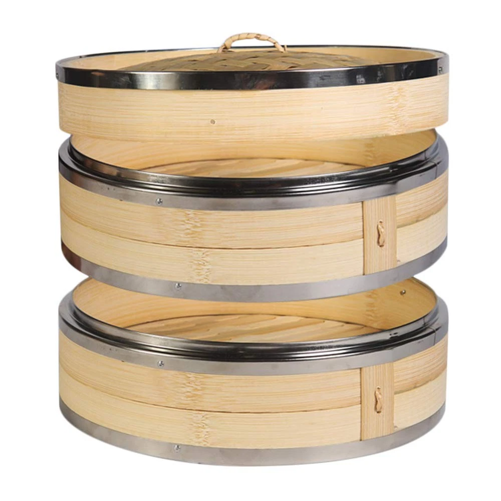 2-Tier Kitchen Bamboo Steamer with Stainless Steel Rings for Asian Cooking | ...
