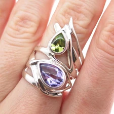 HAGIT GORALI 925 Sterling Silver Vintage Real Amethyst & Peridot Ring Size 8.25