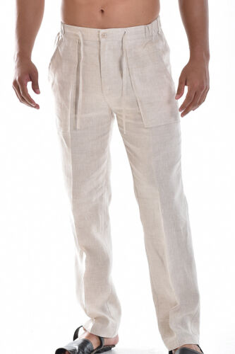 Bohio Mens Linen Pants - Natural Flat-Front Drawstring Pant (S ~ 3XL)-MLP19C - Picture 3 of 4