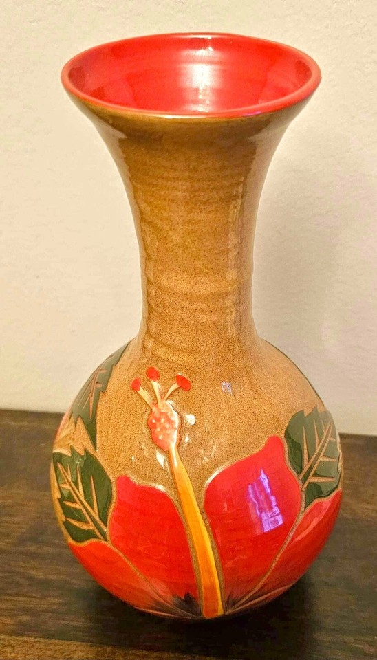 Wassi Art Pottery Vase Terra Cotta Hand Painted Hibiscus Signed