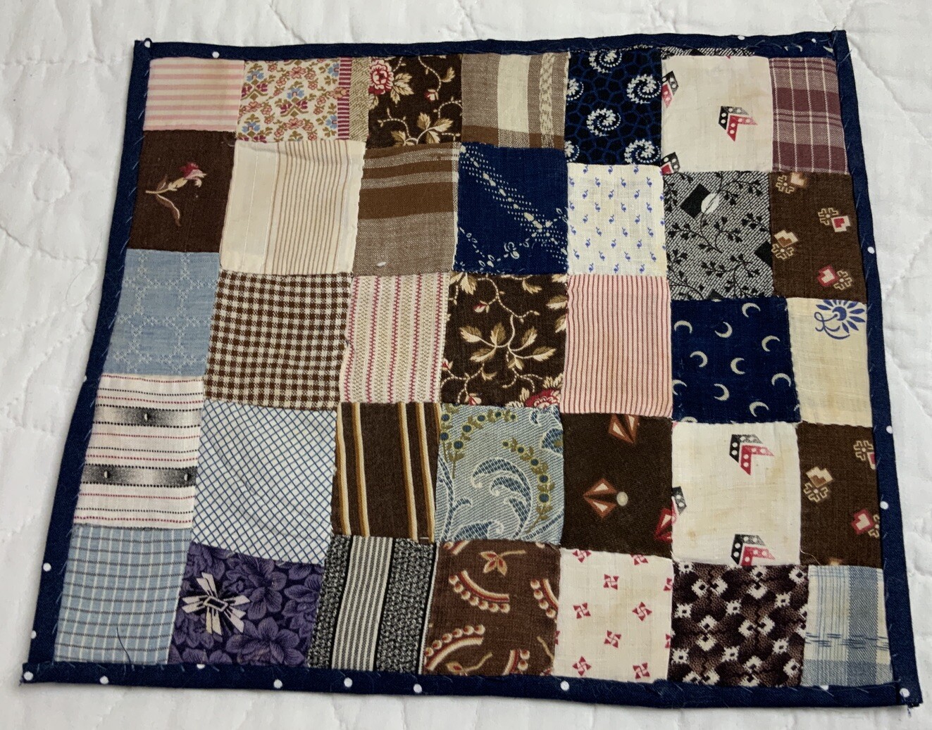 Antique Patchwork Quilt Table Topper, Four Patch, Early Calico Prints, Multi