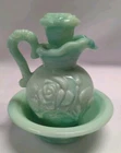 Vintage - Avon - Jadeite Green Swirl Milk Glass Rose - Mini Bowl & Pitcher