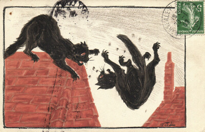 PC KATZEN, KÜNSTLER SIGNIERT, ZWEI SCHWARZE KATZEN KÄMPFEN, Vintage Postkarte (b47232)