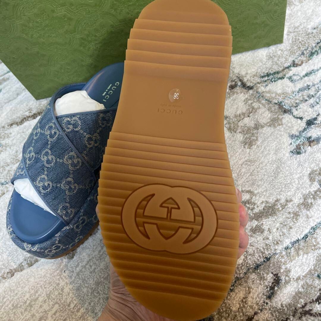 GUCCI Denim GG Logo Flat Sandals Mules Pumps Shoes Women Size EU