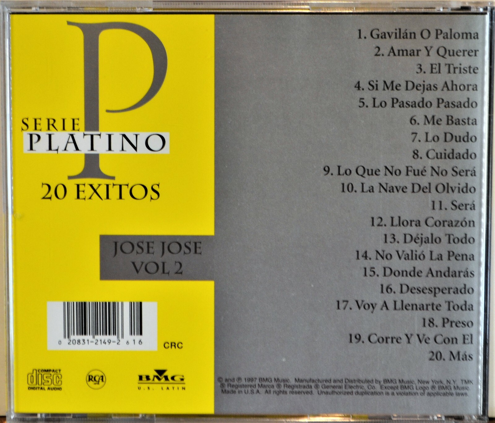 CD Jose Jose Serie Platino 20 Exitos Vol 2 Gavilan O Paloma El Triste