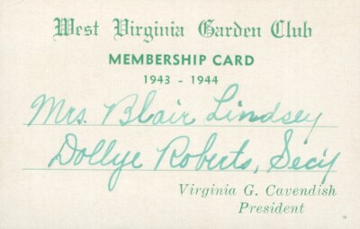1943 West Virginia Garden Club Membership Card Lindsey Cavendish Roberts Plants