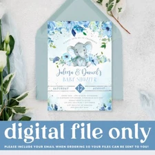 Printable Boy's Baby Shower Invite, Blue Elephant Themed Digital File PDF