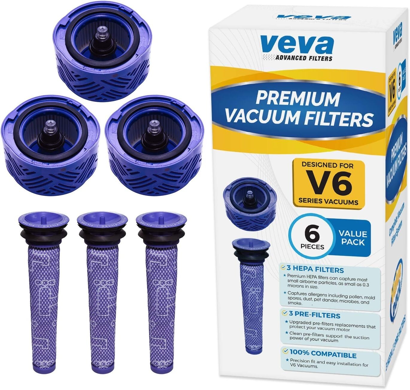 VEVA 3-Pack Premium Vacuum Filters for Dyson V6 Absolute