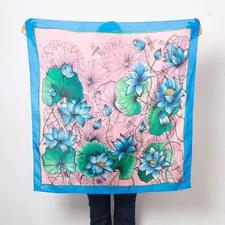 Lotus Hand Painted Silk Square Scarf  Flower Print Blue Pink Scarf Wife Gift