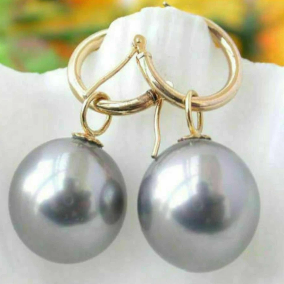 16mm Hoop natural Grey South Sea Shell Pearl gold 14k earrings Mother's Day - Image 2 of 4