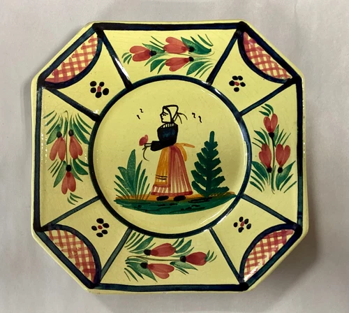 HB Henriot Quimper France Soleil Yellow Octagon Bread Plate 6-3/8” Ex Condition