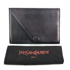 YSL Yves Saint Laurent Clutch Bag Black Leather Logo Vintage Authentic