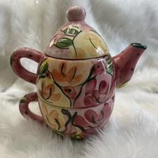 Bella Casa by Ganz Tea For One Stackable Teapot & Cup- 3 Piece Set, Floral Print