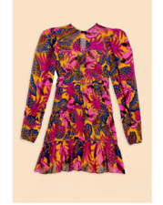 FARM RIO Pink Yellow Fruit Dream Long Sleeve Ruffle Pleated Mini Dress L = 12/14