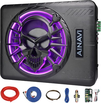Ainavi - 10'' Active Slim Under Seat Car Subwoofer - 800W Color LED Ambient Light
