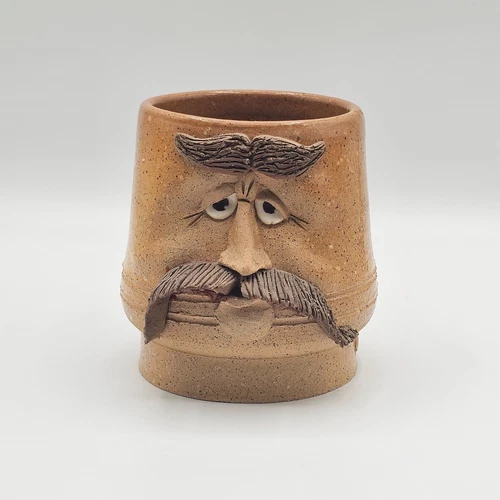 VTG funny Mustache Face Mug Cup Stoneware Pottery Folk Art Handmade Signed Read