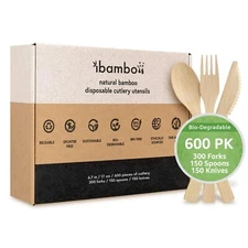 Ibambo Bamboo Utensils - 300 Forks, 150 Spoons, 150 Knives - Disposable or Reuse