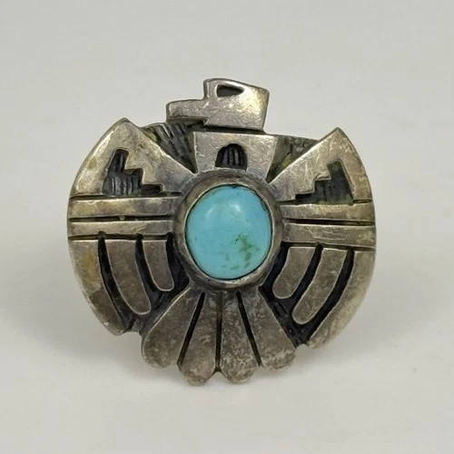 Vernon Mansfield VTG Hopi 925 Sterling Silver Turquoise Thunderbird Ring, Sz 8
