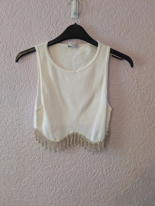 Zara White Ribbed Crop Top Rhinestone Fringe Tassel Festival Party XS