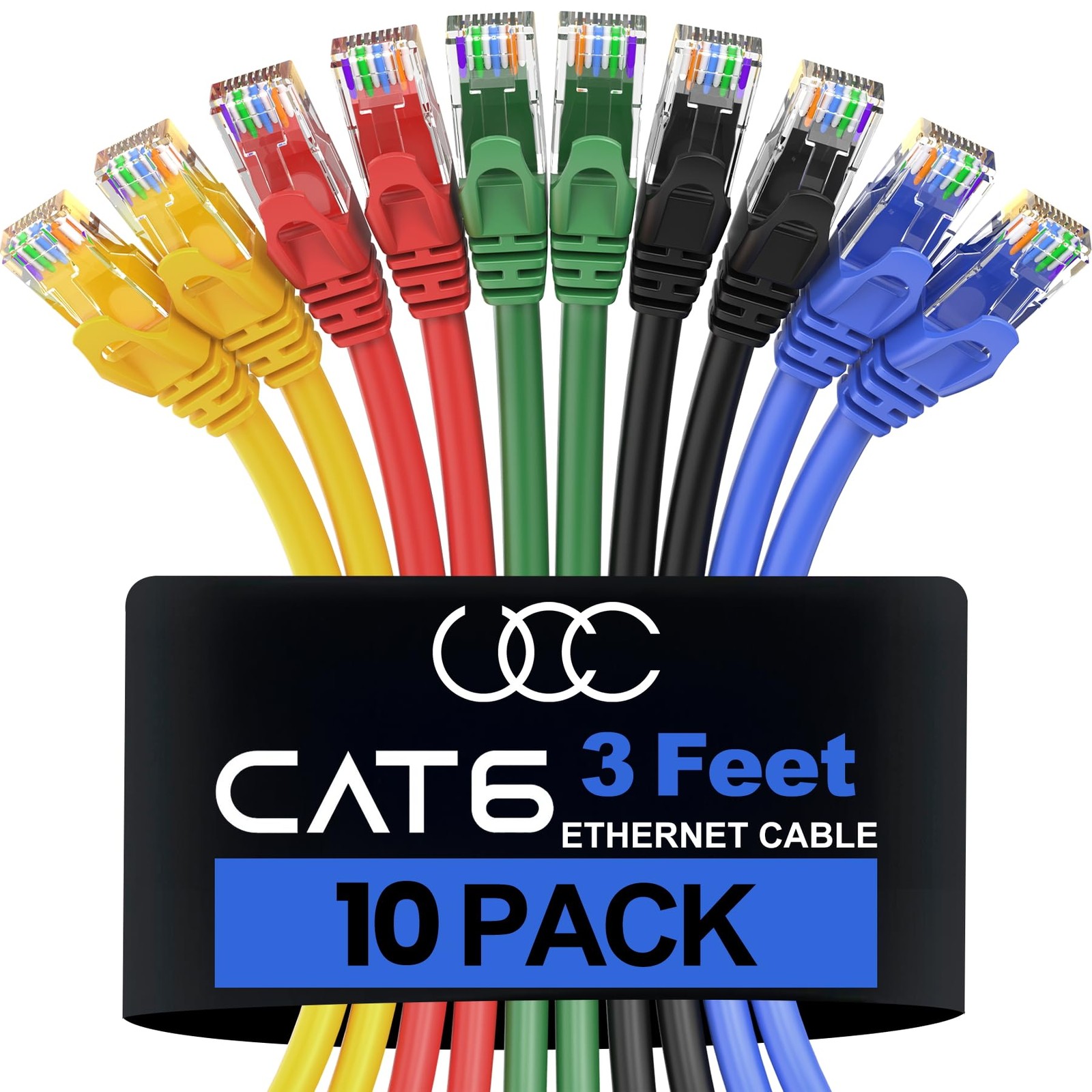 3FT Cat6 Ethernet Cable 10-Pack - 10Gbps High-Speed 500MHz Patch Cables