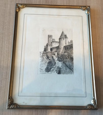 vintage cadre photos tour métal laiton / verre Château CARCASSONNE