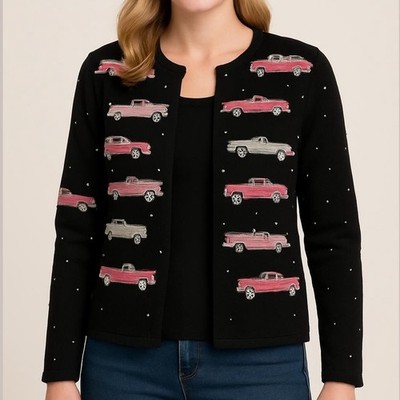 Vintage Michael Simon cardigan beaded pink Cadillacs black sweater size small