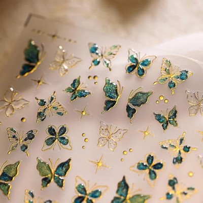 Butterfly Nail Stickers Decals 5D Embossed Gold Nails Art Green Butterfly