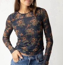 NATURAL LIFE Sloane Navy Floral Bouquet Mesh Long Sleeve Boho Top Blouse Sz M