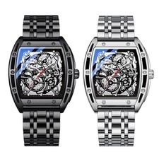 Mens Tonneau Dial Quartz Stainless Steel Band Wristwatch Luminous Analog Watch