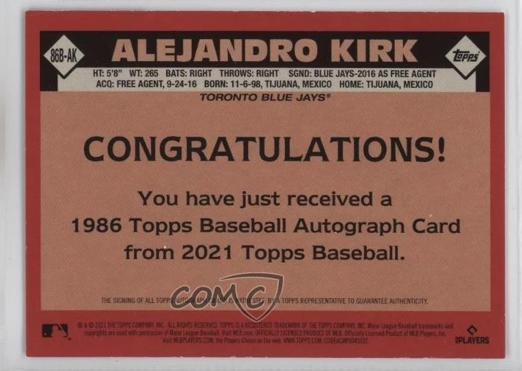 2021 Update 1986 Topps Baseball Alejandro Kirk #86B-AK Rookie Auto RC - Image 2 of 2
