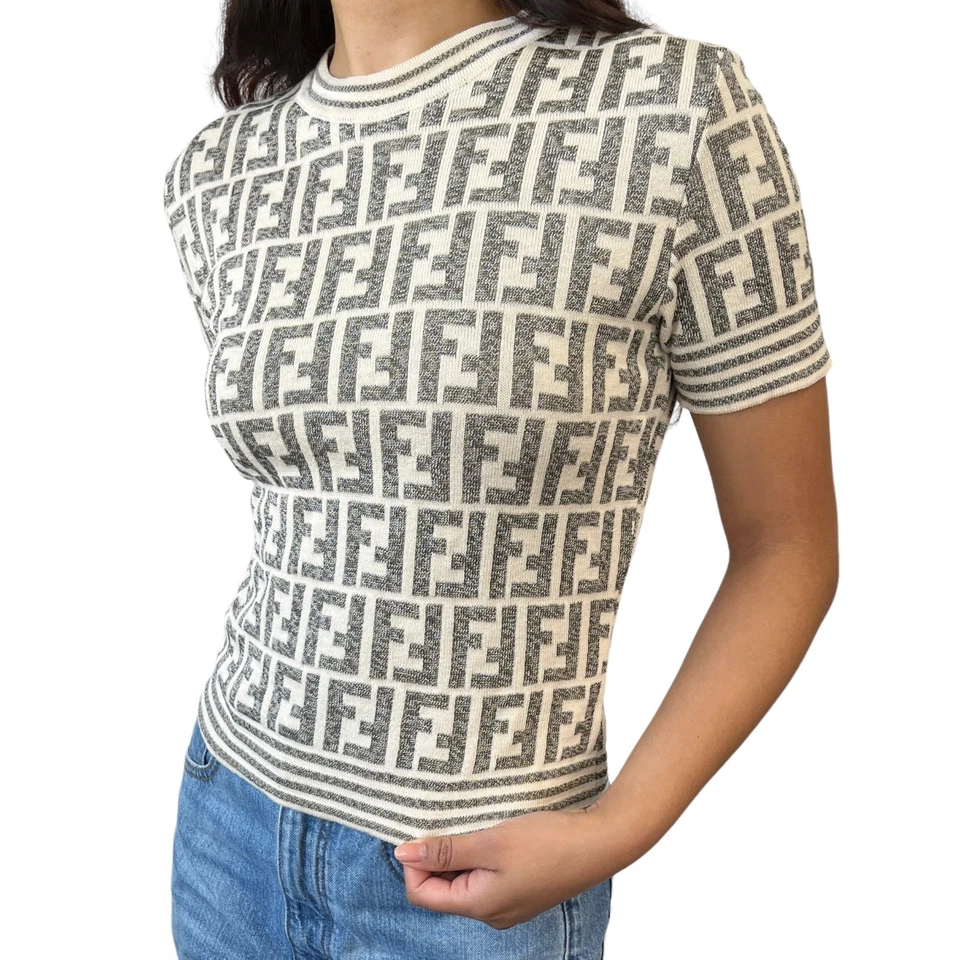 FENDI винтажный Zucca монограмма коротким рукавом свитер вязаный верхний хлопок серый кремовый - Изображение 2 из 4