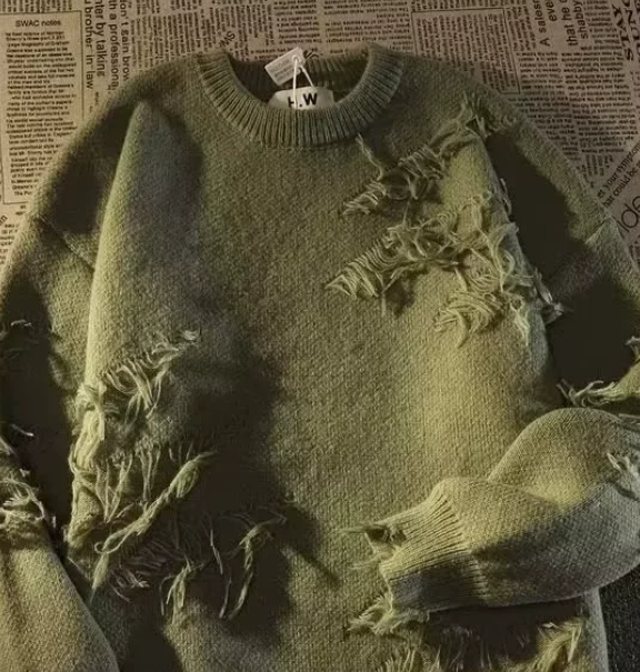 トップス NOILL vintage broken sweater Street Wear Broken Tassel Mens Sweater Loose Ripped Knit Sweater