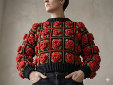 Handmade Crochet Rose Cardigan 3D Floral Granny Square Black Chunky Crochet Swea