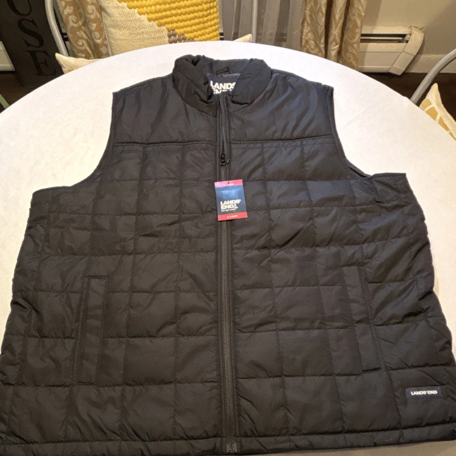 Lands' End Quilted Insulated Vest Black Stand-Up Collar Zipper Size XL