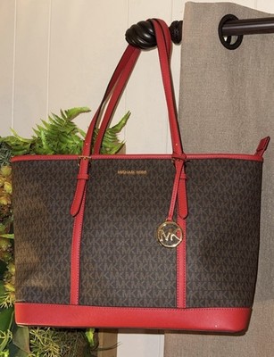 Michael Kors MK Designer Large Jet Set Brown Red Signature Tote Purse