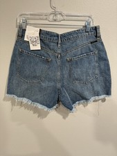 Kancan High Rise Blue Denim Shorts Distressed Frayed Hem Dark Wash 9 / 28