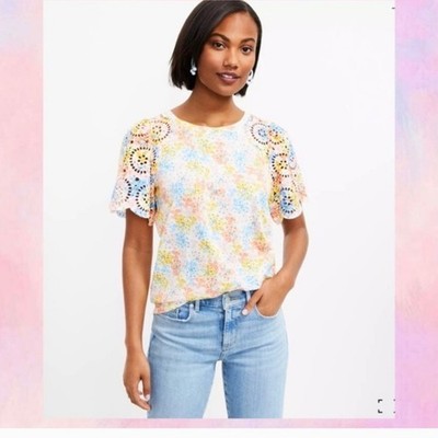 Loft Hydrangea Eyelet Flutter Sleeve Tee. EUC. Feminine Romantic Coquette