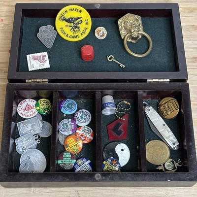 Vintage Junk Drawer Lot - Retail Clerks Union Pins Religious Key Dice Thimble