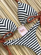 Brazilian Micro Bikini Set Women's Striped Low Waist Swimsuit Lace Up Swimwear