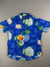 Vintage Jams World Shirt Mens Medium Button Up Rayon Blue Hydrangea Floral USA
