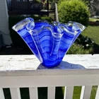 Vintage Blue And White Lavorazione Murano Art Glass Ruffle Bowl