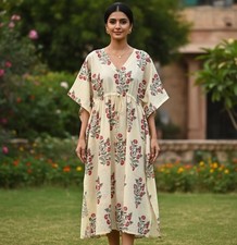 Women Summer Kaftan Dress Indian Cotton Hand Block Printed Beach
