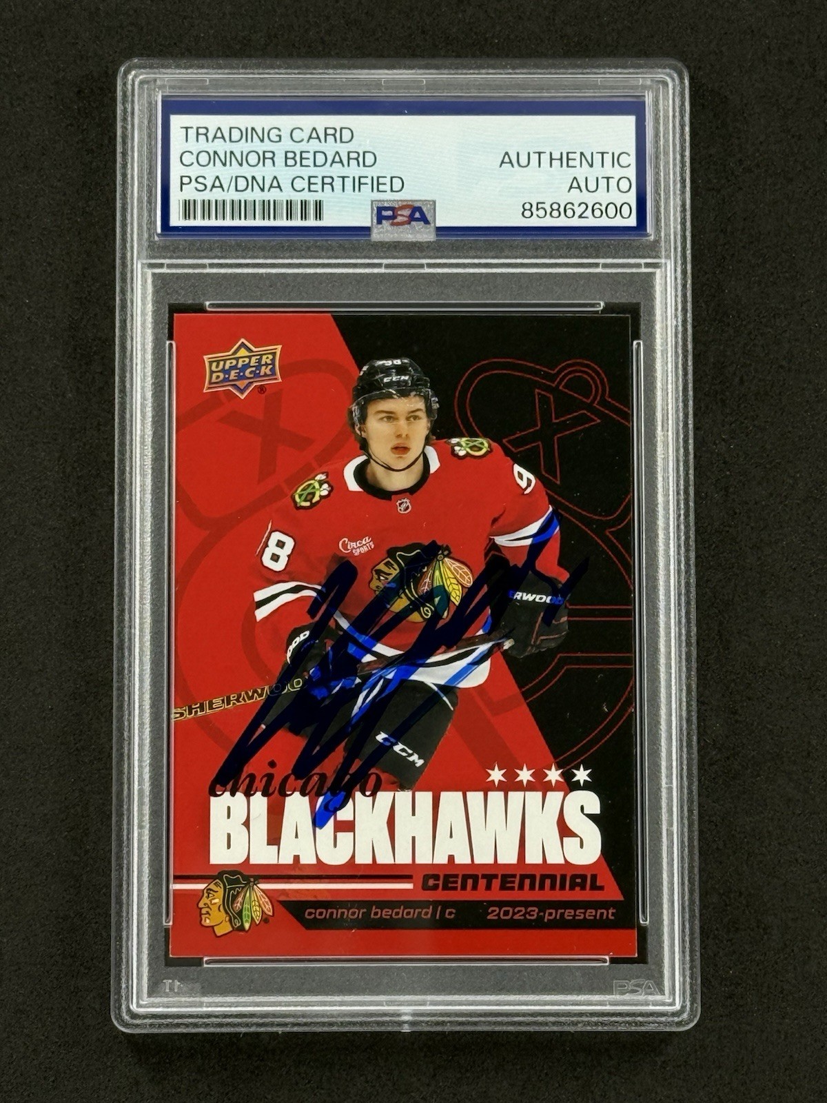 Connor Bedard Signed 2025-26 Chicago Blackhawks UD Centennial Card PSA DNA Auto