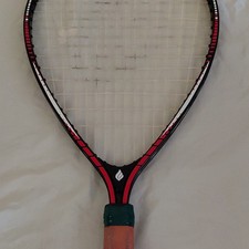 Red and Black Racquetball Racquet Teardrop Head with Orange Grip