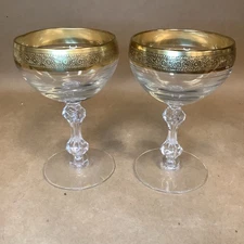 2 Tiffin Franciscan CHAMPAGNE GLASSES Gold Minton Band Westchester Bubble Stem