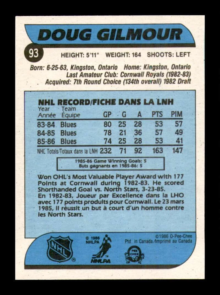 1986-87 O-Pee-Chee Doug Gilmour #93 St. Louis Blues NM Near Mint - Image 2 of 2