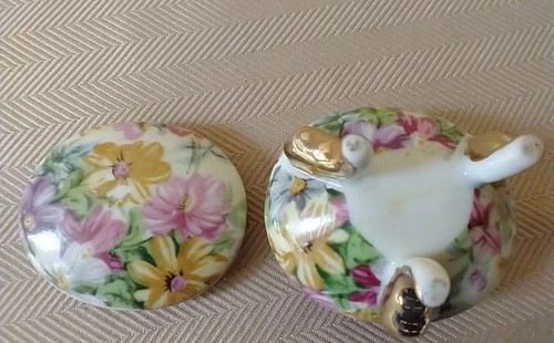 Gold Trim Porcelain China Vintage Miniature Trinket Ring Box Pink Floral EUC - Picture 4 of 6